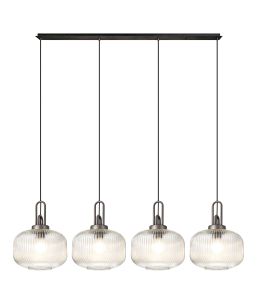 Vista Linear Suspension Kit, 4 x E27, Aged Pewter/Matt Black With 30cm Pumpkin Shaped Ribbed Clear Glass