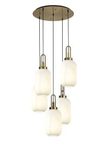 Vista Round 5 Light Pendant With 20cm Tubular Ribbed Glass, Brass Gold/Matt Black Opal