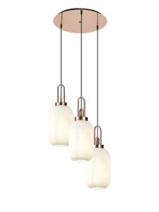 Vista Round 3 Light Pendant With 20cm Tubular Ribbed Glass, Copper/Matt Black Opal