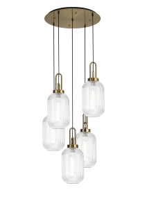 Vista Round 5 Light Pendant With 20cm Tubular Ribbed Glass, Brass Gold/Matt Black Clear