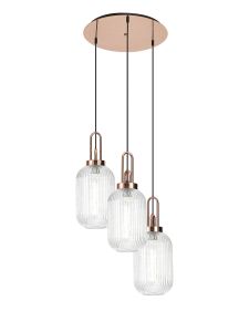 Vista Round 3 Light Pendant With 20cm Tubular Ribbed Glass, Copper/Matt Black Clear