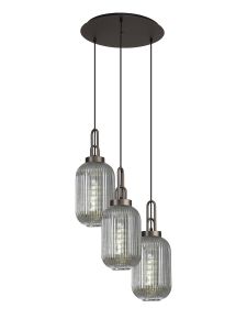 Vista Round 3 Light Pendant With 20cm Tubular Ribbed Glass, Antique Silver/Matt Black Smoked