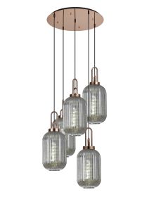 Vista Round 5 Light Pendant With 20cm Tubular Ribbed Glass, Copper/Matt Black Smoked