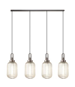 Vista Linear 4 Light Pendant With 20cm Tubular Ribbed Glass, Antique Silver/Matt Black Champagne