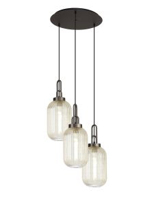 Vista Round 3 Light Pendant With 20cm Tubular Ribbed Glass, Antique Silver/Matt Black Champagne