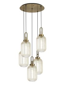 Vista Round 5 Light Pendant With 20cm Tubular Ribbed Glass, Brass Gold/Matt Black Champagne