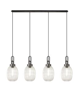 Vista Linear 4 Light Pendant With 20cm Almond Ribbed Glass, Aged Pewter/Matt Black Clear