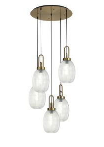 Vista Round 5 Light Pendant With 20cm Almond Ribbed Glass, Brass Gold/Matt Black Clear