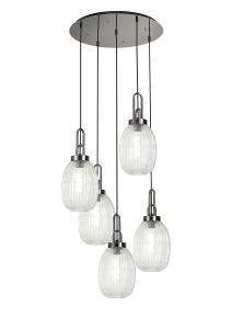 Vista Round 5 Light Pendant With 20cm Almond Ribbed Glass, Polished Nickel/Matt Black Clear