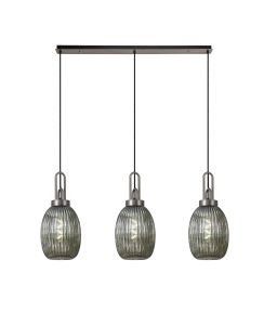 Vista Linear 3 Light Pendant With 20cm Almond Ribbed Glass, Antique Silver/Matt Black Smoked