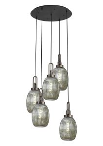 Vista Round 5 Light Pendant With 20cm Almond Ribbed Glass, Antique Silver/Matt Black Smoked