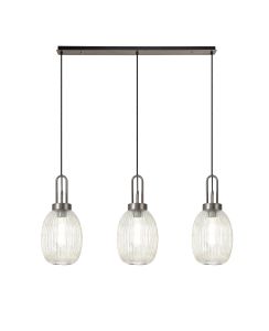 Vista Linear 3 Light Pendant With 20cm Almond Ribbed Glass, Antique Silver/Matt Black Champagne