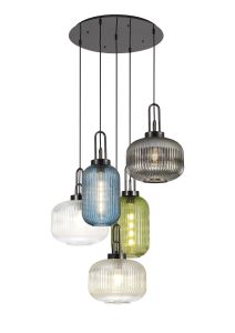 Vista 2.5m Round Pendant 5 Light E27 With Various Glasses, Black Chrome/Smoked/Petrol Blue/Green/Clear/Champagne