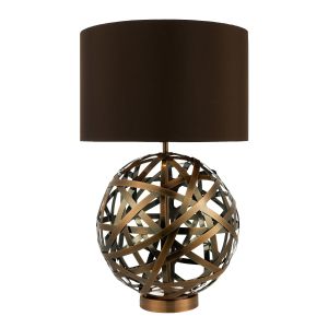 Eldon 1 Light E27 Antique Copper Ball Formed Table Lamp With Woven Bands With Inline Switch C/W Brown Faux Silk Shade