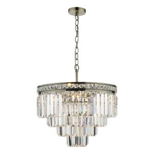 Vyana 4 Light E14 Antique Brass Adjustable Pendant With Faceted Crystal Squares & 4 Layers Of Prism Crystals