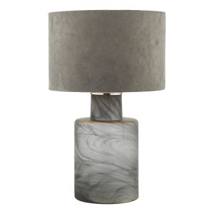 Wanda 1 Light E27 Smoked Glass Base Table Lamp With Inline Switch C/W Grey Velvet 34cm Drum Shade