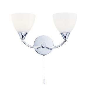 Watson 2 Light E14 Polished Chrome Wall Light With Pull Switch C/W Opal White Glass Shades