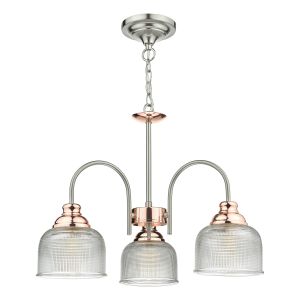 Wharfdale 3 Light E27 Satin Chrome With Coper Detail Adjustable Pendant With Prismatic Glass Shades