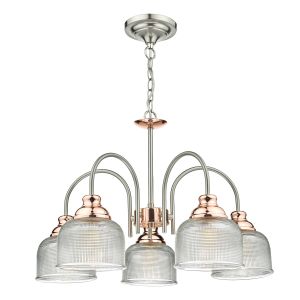 Wharfdale 5 Light E27 Satin Chrome With Coper Detail Adjustable Pendant With Prismatic Glass Shades