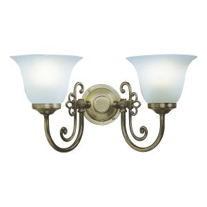 Woodstock 2 Light B22 Antique BrassWall Light With Pull Cord C/W Scavo Glass Shade