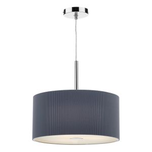 Znew_yorkza 3 Light E27 Polished Chrome Adjustable 40cm Round Pendant With Grey Micro Pleat Shade & Frosted Acrylic Diffuser