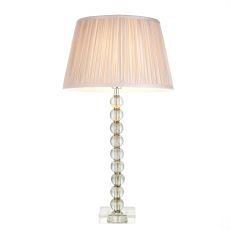 Adelie 1 Light E14 Table Lamp Nickel With Grey Green Crystal Glass With Inline Switch C/W Freya 12" Pink Gathered Silk Fabric Shade