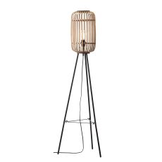 Mathias 1 Light E27 Matt Black Floor Lamp With Natural Bamboo Open Framework Shade With Inline Foot Switch