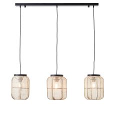 Zaire 3 Light E27 Matt Black Adjustable Linear Pendant With Handmade Natural Linen Fabric Shades