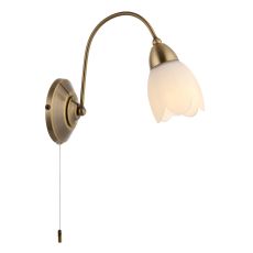 Petal 1 Light E14 Antique Brass Wall Light With Pull Cord Switch C/W Matt Opal Glass Shade