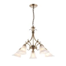 Hardwick 5 Light E14 Antique Brass Adjustable Ceiling Pendant C/W Frosted Glass Shades