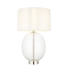 Nera 1 Light E27 Polished Nickel & Oval Glass Table Lamp With 3 Stage Touch Dimmer Switch C/W Vintage White Fabric Shade