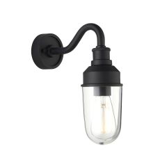 Bella 1 Light E27 Matt Black Die Cast IP44 Outdoor Industrial Curved Wall Light With Clear Glass Shade