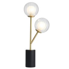Duri 2 Light G9 Satin Brass Table Lamp With Clear Ribbed & Frosted Glass Globe Shades With Inline Switch