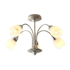 Petal 5 Light E14 Chrome & Satin Chrome Semi Flush Fitting C/W Matt Opal Glass Shades