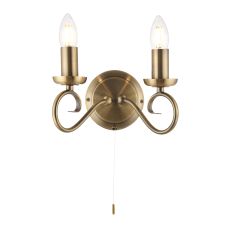 Trafford 2 Light E14 Antique Brass Wall Light With Pull Cord Switch