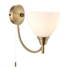 Tongan 1 Light E14 Antique Brass Wall Light With Pull Cord Switch C/W Matt Opal Glass Shades
