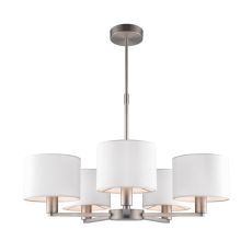 Daley 5 Light E14 Matt Nickel Adjustable Ceiling Pendant C/W White Faux Silk Shades