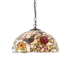 Butterfly 1 Light E27 Medium Adjustable Pendant C/W Combined Flowers & Colourful Butterflies Tiffany Shade