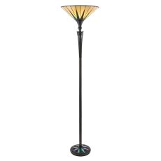 Dark Star 1 Light E27 Black Uplghter Floor Lamp With Inline Foot Switch C/W Tiffany Shade & Iridised Glass Inserts
