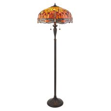 Dragonfly 2 Light E27 Dark Bronze Floor Lamp With Lampholder Pull Cord Switch C/W Tiffany Shade In Vibrant Reds & Oranges