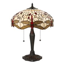 Dragonfly 2 Light E27 Dark Bronze Medium Table Lamp With Lampholder Pull Cord Switch C/W Beige Tiffany Shade
