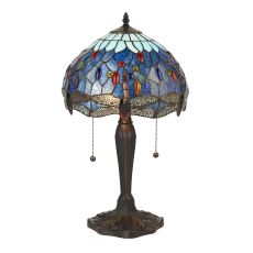 Dragonfly 2 Light E27 Dark Bronze Small Table Lamp With Lampholder Pull Cord Switch C/W Blue Tiffany Shade