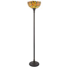 Josette 1 Light E27 Dark Bronze Uplighter Floor Lamp With Inline Foot Switch C/W Flowered Tiffany Shade