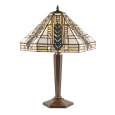 Lloyd 2 Light E27 Deep Antique Patina Medium Table Lamp With Inline Switch C/W Art Deco Tiffany Shade