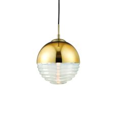 Paloma 1 Light E14 Polished Gold Plated With Clear Ribbed Spherical Glass Shade Adjustable Ceiling Pendant