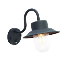 Chesham 1 Light E27 Textured Black IP44 Wall Light With Built In PIR C/W Clear Glass Shade