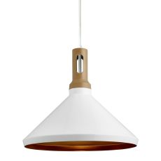 Pendant, 1 Light Cone, Gold Inner, White Outer, Wood Effect Cap