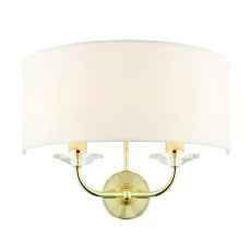 Nixon 2 Light E14 Polished Brass Wall Light With A Touch Of Crystal C/W Vintage White Faux Silk Shade