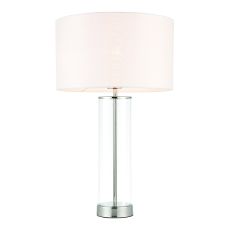 Lessina 1 Light E27 Bright Nickel Table Lamp With Clear Glass & 3 Stage Dimmer Switch C/W Vintage White Faux Silk Shade
