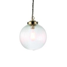Brydon 1 Light E27 Antique Brass Adjustable Pendant With A Ribbed Round 250mm Glass Shade